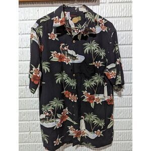 Caribbean Mens Black Floral Tropical Christmas Silk Blend Button Up Shirt Medium